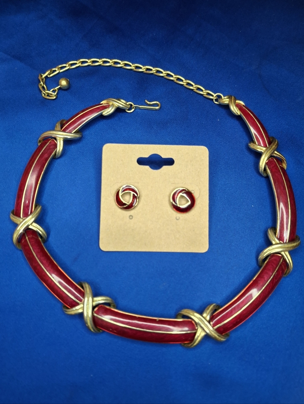 Trifari Red Enamel and Gold Tone Choker Necklace & NB Postback Earrings Vintage